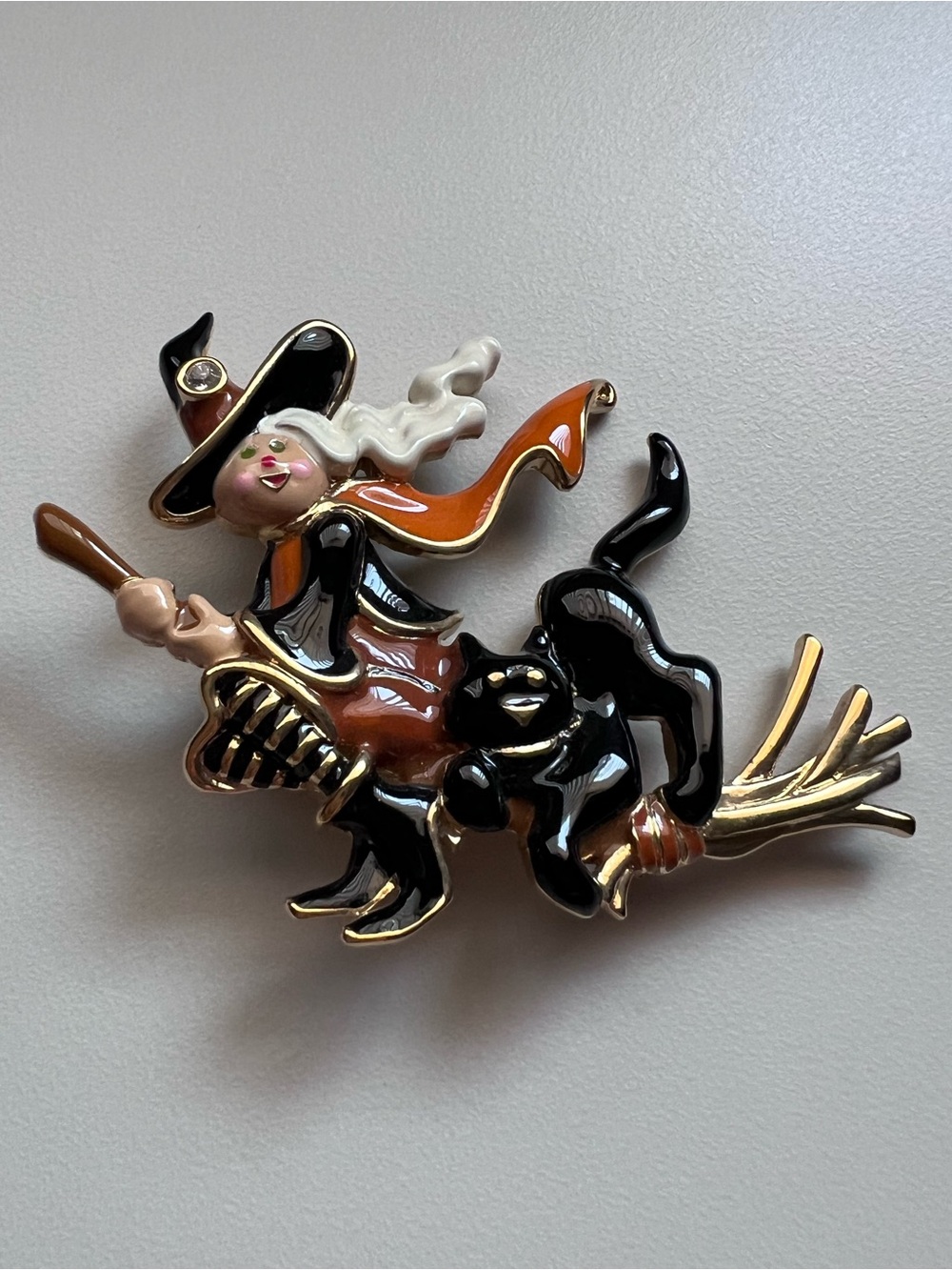 Vintage Bob Mackie Flying Witch and Cat Gold toned Enamel Brooch